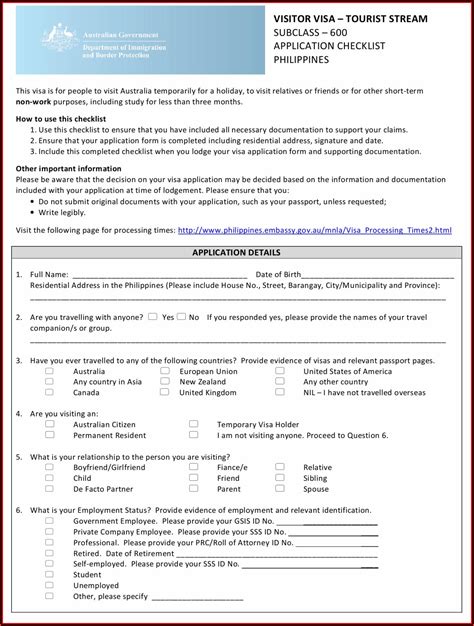 Australia Visitor Visa Application Form Form Resume Examples 