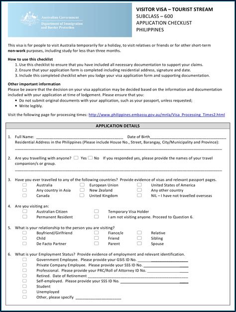 Australia Visitor Visa Application Form Form Resume Template