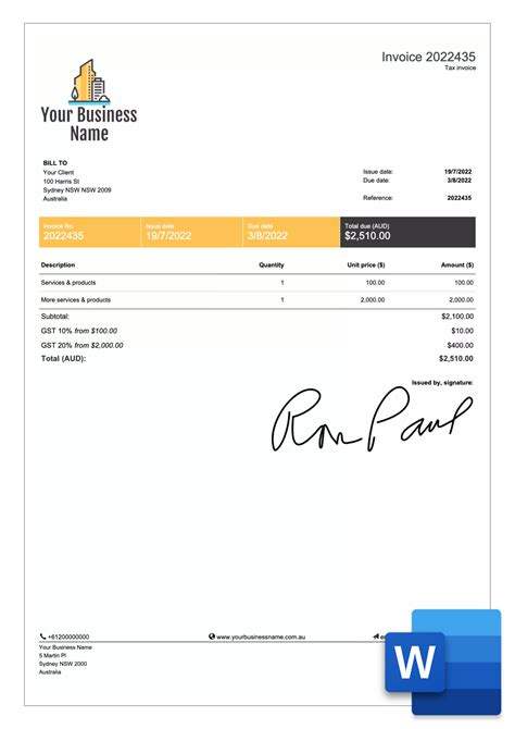 Australian Tax Invoice Template Word invoice example