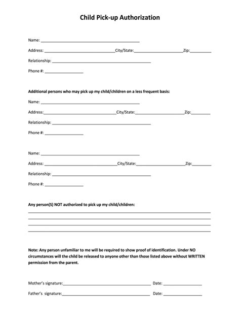Authorized Person to Pick Up Child from School Form Fill Out and Sign