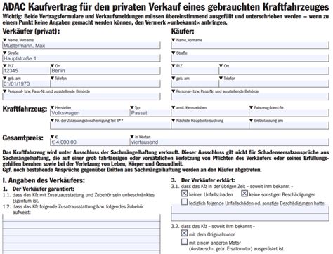 Auto Kaufvertrag für den privaten Gebrauchtwagenverkauf