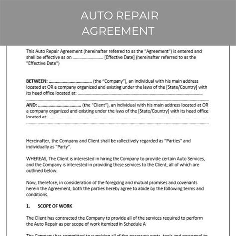 Auto Repair Contract Template vehicle repair contract Etsy