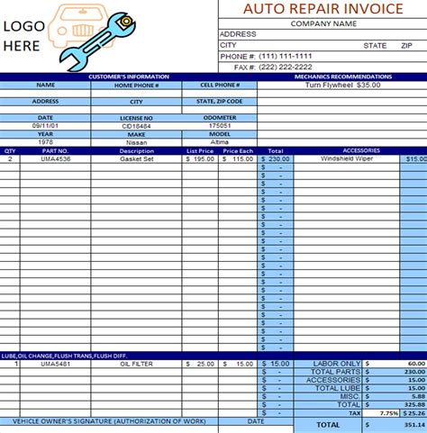Auto Repair Invoice Template In Excel Format Microsoft Excel Templates