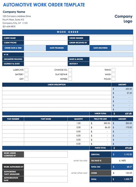 Auto Repair Work Order Template Excel Collection