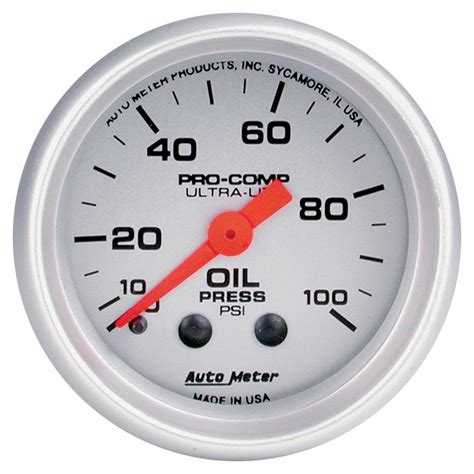 Feature Points. 40 PSI gauge with AutoMeter's signature racing dial design. Accuracy: 2.5% FS (+/- 1 PSI) Large 2.25" dial face for easy viewing. Shock dampening easy-grip housing. 13.75" Stainless braided line. Includes protective case. Ships With California Residents: Prop 65 WARNING.. 