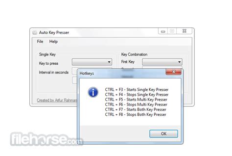Autohotkey auto key presser.  It is particularly useful for automating repetitive tasks or e...