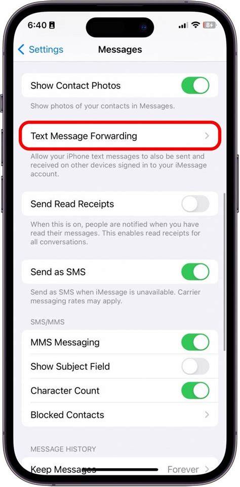 Automatic sms forward to another number.  Navigate to Settings > Messages > Text Messa...