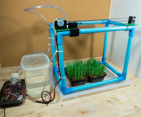 Automatic watering system. The pump pushes water to the plants through 8mm tubing. The Arduino Nano gets the current time from a DS3231 Real Time Clock to turn on a relay that supplies 5 volts to the pump. The pump operates for 60 seconds in the morning and 30 seconds in the evening. There is a button switch to trigger a manual watering. 