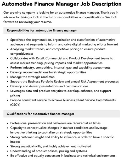 Automotive finance manager jobs. Automotive Finance Manager Job Description Template. Our company is looking for a Automotive Finance Manager to join our team. Responsibilities: Accurately desks deals, submits deals to lenders for approval, makes credit decisions, and effectively closes deals; Prepares paperwork, contracts and delivers deals; 
