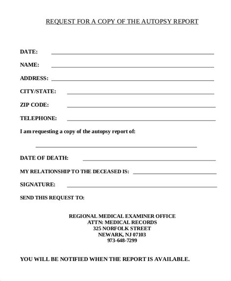 Autopsy report request form.  Final autopsy reports may be requested by th...