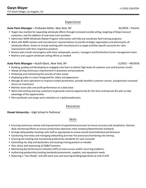 Autozone parts sales manager job description. 100 Montgomery St. 10th Floor (555) 432-1000 resumesample@example.com. Professional Summary. Solutions-focused, versatile management professional offering a comprehensive background supporting U.S. military operations in roles of increasing responsibility during a 20-year career in the US Army. Effective communicator who quickly masters new ... 