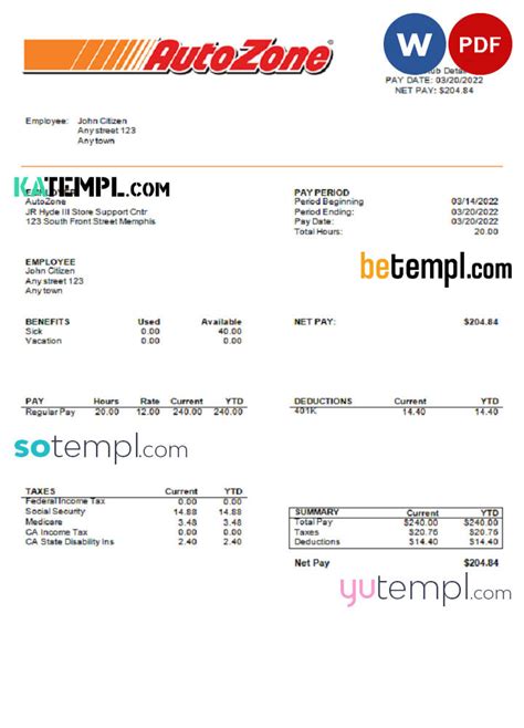 Autozone pay stub. We’ve got 8 free pay stub templates that might just become your go-to option whenever you’re about to issue payments: Basic Pay stub Template. Basic Pay stub Template with a calculator. Pay stub Template with PTO. Pay stub Template with PTO + calculator. Pay stub template with overtime. 