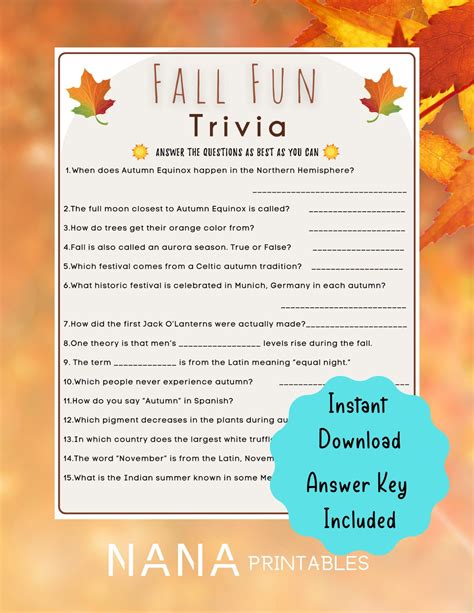 Autumn Days Fun Trivia Game Fall Fun Game Fall Party Game Etsy