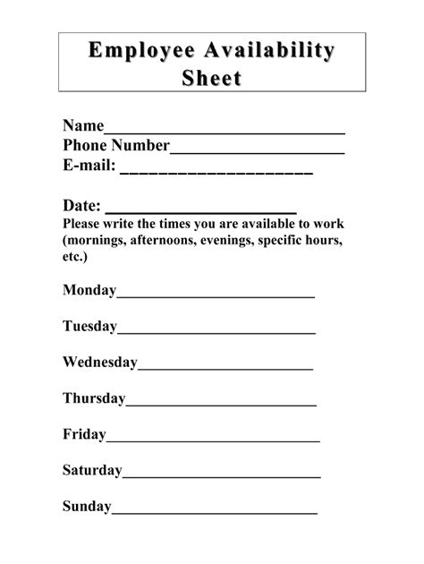 Availability Sheet Form Fill Out and Sign Printable PDF Template