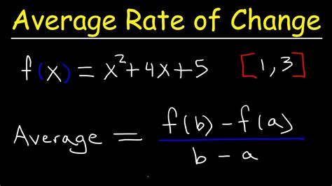 The average rate of change will be: y2 − y1 x2 − x1 and it is, basically the slope of the blue line. For example: if x1 = 1 and x2 = 5. and: y1 = 2 and y2 = 10. you get that: Average rate of change = 10 −2 5 − 1 = 8 4 = 2. This means that for your function: every time x increases of 1 then y increases of 2.. 