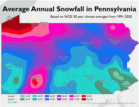 The tables below give monthly averages for snowfall during April at cities and other locations in Pennsylvania. The numbers are for the total amount of new snow and how many days it snows at least 0.1 inches (0.25 centimetres) this month. The snowfall totals are averages based on weather data collected from 1991 to 2020 for the US National ...