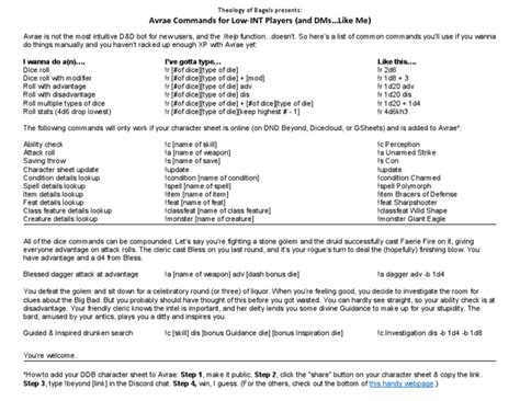 Fork 1 Code Revisions 4 Stars 1 Forks 1 Embed Download ZIP md: Cheat sheet for using Avrae Discord bot with D&D Beyond Raw avrae-cheat-sheet.md Avrae …. 