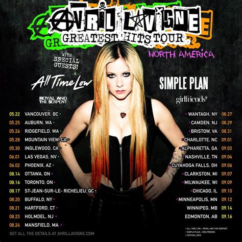 Avril lavigne presale code. See the full list of Avril Lavigne’s upcoming tour dates below, and grab your tickets here. Avril Lavigne 2024 Tour Dates: 05/22 — Vancouver, BC @ Rogers Arena ^. 05/25 — Auburn, WA @ White River Amphitheatre ^. 05/26 — Ridgefield, WA @ RV Inn Style Resorts Amphitheater ^. 05/28 — Mountain View, CA @ Shoreline Amphitheatre ^. 