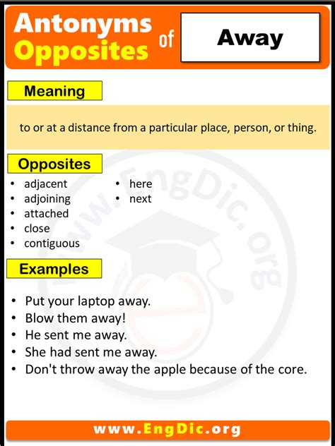 Away antonyms. An antonym for far away is close to. Find more opposite words at wordhippo.com! 