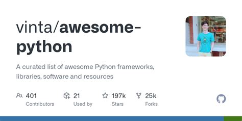 Awesome python github.  - vinta/awesome-python &times; Home Ask a Dev Python Books Standard L...