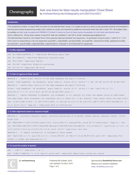 Awk oneliners for blast results manipulation Cheat Sheet by