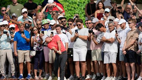 Awkward lie: Rory McIlroy’s ball lodges in the lap of a spectator at World Tour Championship