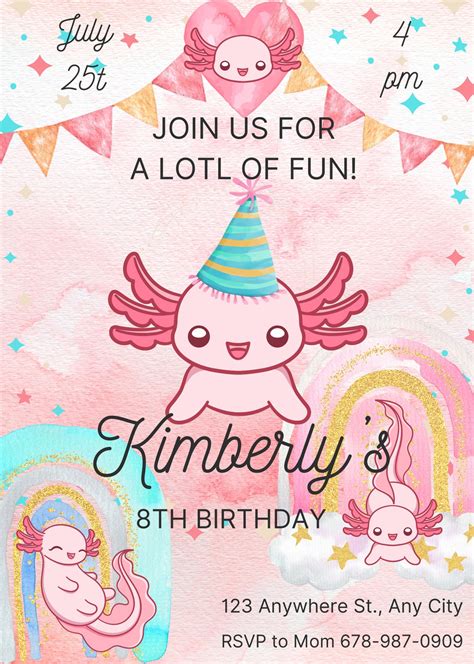 Axolotl birthday invitations. Things To Know About Axolotl birthday invitations. 