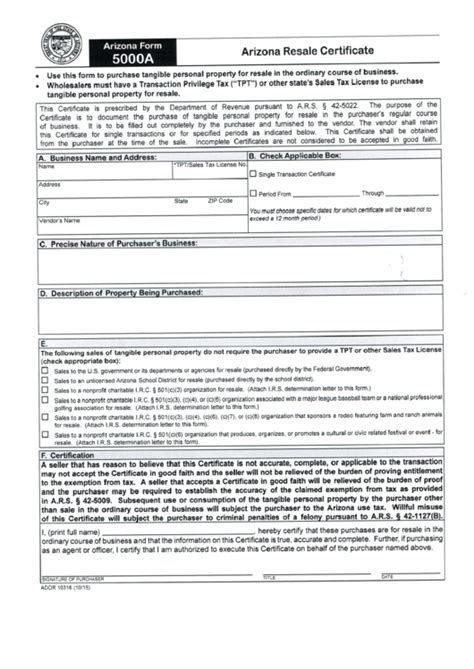 Az Form 5000a & Az Stateissued Certificate Of Exemption