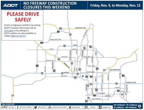 Az511 closures. Travel and roadway conditions can be checked at az511.gov. Eastbound US 60 closed between I-10 and Loop 101. ... Eastbound Baseline or Broadway roads also can be used to travel beyond the closure. 