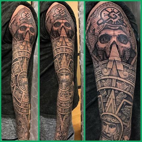 Aztec arm tattoos sleeve. 4. Mayan Symbol Tattoo: This is a tattoo of Hunab Ku, the Mayan symbol for peace, unity, balance, wholeness and the universe. Much like the Indian Om symbol, the Hunab Ku symbol was an inspiration for the ancient long gone Mayan civilization that is being used in tattoo art even today. 5. 