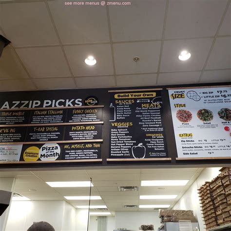 Azzip pizza menu. Azzip features unique, highly customized pizzas baked in a conveyor belt oven in front of customers. Azzip Pizza offers over 16 million variations including gluten-free and … 