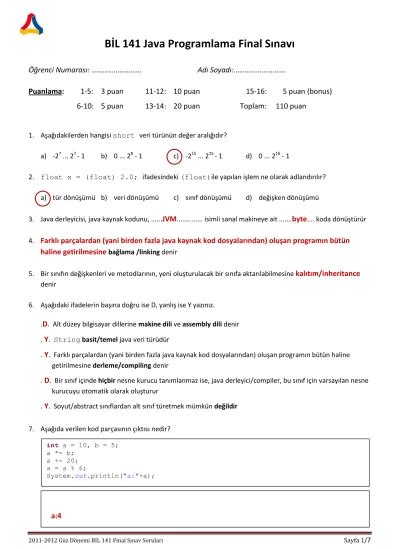 BİL 141 Java Programlama Final Sınavı. 