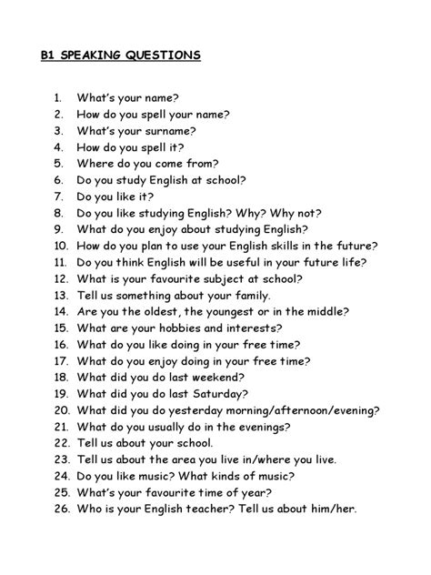 B1 speaking questions pdf.  This document contains 35 sample questions that could b...