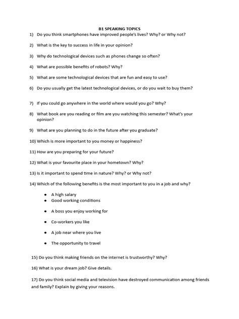 B1 speaking topics.  Each topic encourages Knowing conversational topics for specif...