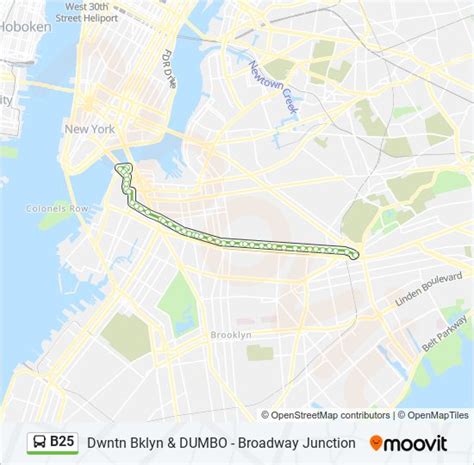 B25 bus route. The proposed B25 Local runs between DUMBO and Broadway Junction. The current length of the B25 route is 6.0 miles. This would not change under the Draft Plan. In the existing route, the average stop spacing is 736 feet. Under the proposed route, that would increase to 938 feet. In the existing route and the proposed route, there are 1.0 turns ... 