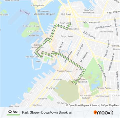 B61 bus schedule. The B61 Park Slope - Downtown Brooklyn runs Daily. Weekday trips start at 12:20am with the last trip at 12:25am and most often run about every 12 minutes. … 