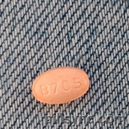 B705 peach pill. This peach elliptical / oval pill with imprint 707 on it has been identified as: Enalapril 20 mg. This medicine is known as enalapril. It is available as a prescription only medicine and is commonly used for Alport Syndrome, Diabetic Kidney Disease, Heart Failure, High Blood Pressure, Hypertensive Emergency, Left Ventricular Dysfunction ... 