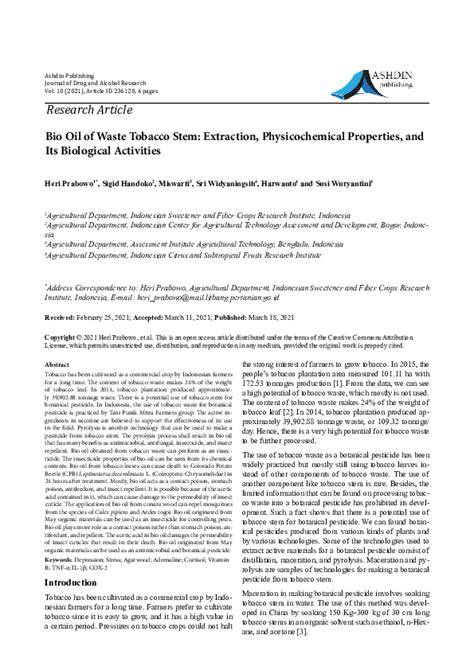 Bio Oil of Waste Tobacco Stem: Extraction, Physicochemical ... - Ashdin - raincitystudios.com