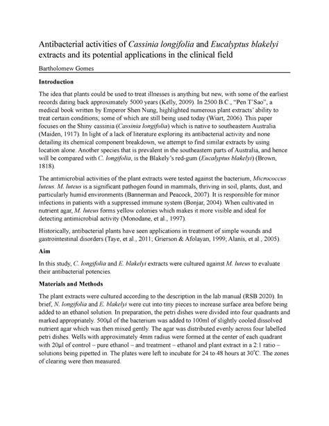 BIOL1004 practical 4 2024 - Antibacterial activities of Cassinia ...