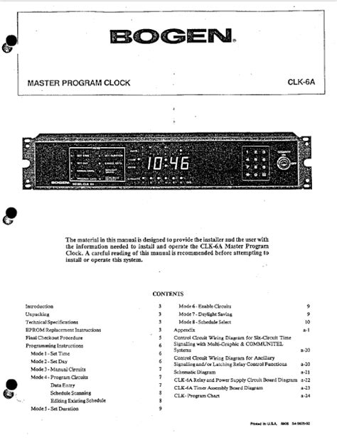 BOGEN Model CLK-6A master Program Clock Instruction Manual