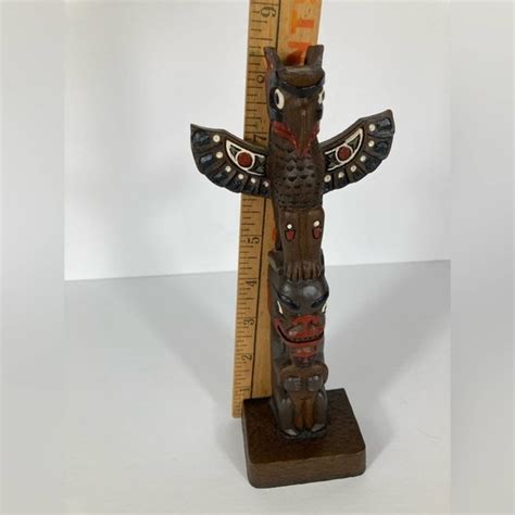 BOMA Thunderbird Bear & others aboriginal art black resin 6” totem pole …