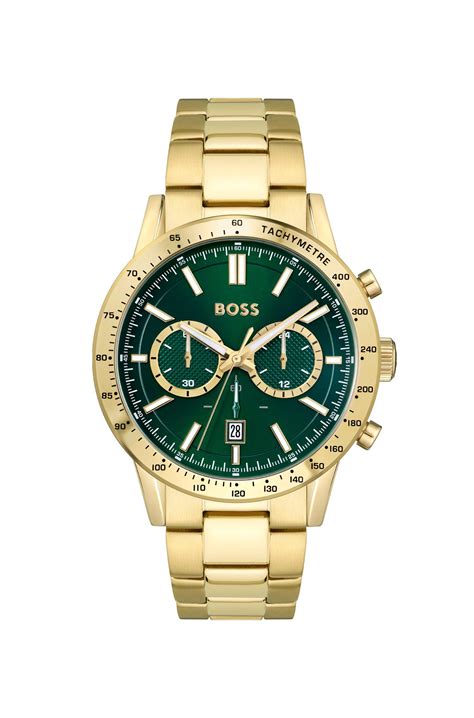 BOSS - Gold-toned chronograph watch with green dial