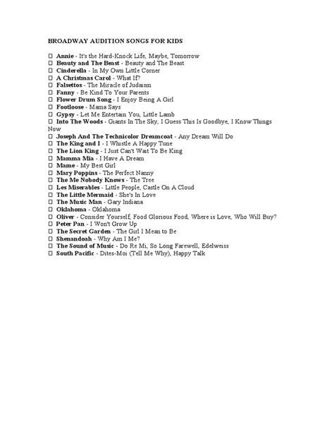 Broadway Audition Songs for Kids | PDF | Poetry - Scribd - muktibox.com