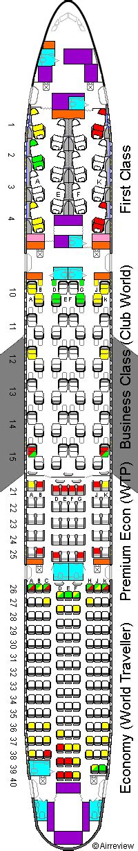 Ba 777 seat layout. Air France's remaining 12 Boeing 777-300ERs have seating configurations that fall between the two already mentioned in terms of capacity. Indeed, the third layout has a total of 381 seats, of which 315 (82.7%) can be found in the economy section, according to SeatMaps. Once again, this cabin represents a 10-abreast affair with a 32-inch pitch. 