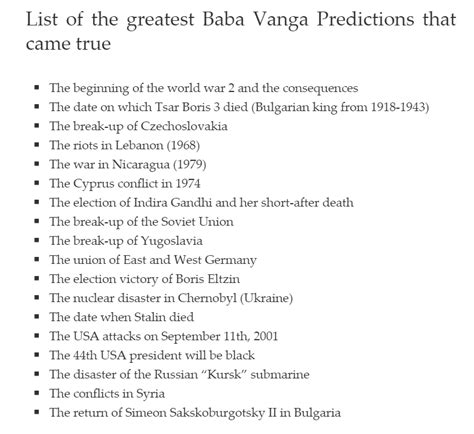 1. 2022 droughts and floods Baba Vanga made a total of six predictions for 2022. While we hope her vision of a deadly virus in Siberia kickstarting another pandemic doesn't come true, two of them have already come to fruition. She predicted that large cities around the world would be hit by significant droughts and water shortages.