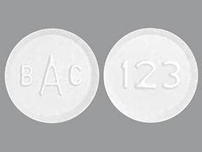 Pill Identifier results for "bac". Search by imprint, shape, color or drug name. Skip to main content. ... U-S BAC 10 Color White Shape Round View details. BAC 123. Acetaminophen, Butalbital and Caffeine Strength 325 mg / 50 mg / 40 mg Imprint BAC 123 Color White Shape Round View details. 1 / 4 Loading. BAC 10 832. Previous Next. Baclofen ...
