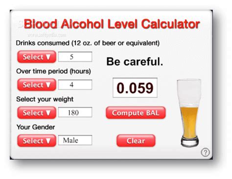 Widmark Formula. %BAC = (A x 5.14 / (W x r)) - .015 x H. Estimate your BAC level with our simplified blood alcohol calculator. Track metabolism progress in real-time and discover the legal driving limits in Canada.. 