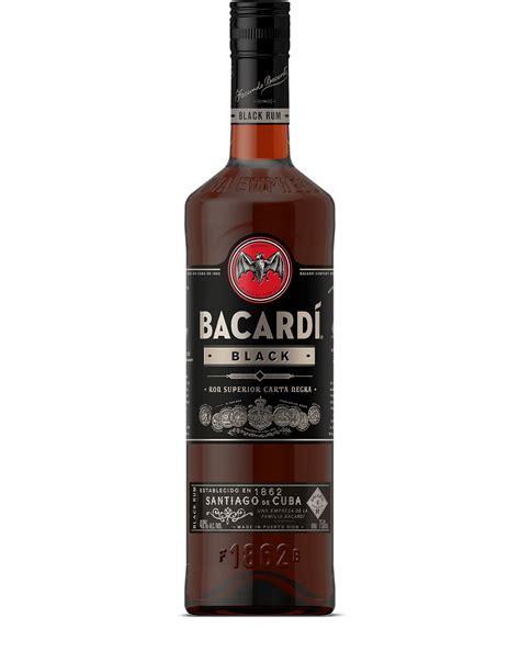 Bacardi black rum. Rum is made using only three ingredients: molasses from sugarcane, yeast and water. Ingredients are fermented, then distilled, aged, filtered and blended. 