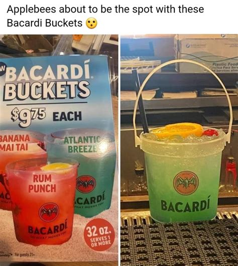 Applebee's Grill + Bar. August 3, 2022 ·. Experience summer at Applebee’s with our NEW Bacardi Buckets. Featuring Bacardi Lime and Bacardi Coconut, these tropical cocktails will take you to paradise. Limited time only. Must be 21+ to enjoy.. 
