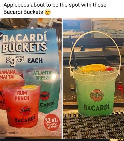 Try Applebee's $10 Bacardi Buckets available in 3 tropical drink recipes. Find bucket drinks near you. Applebee's is serving NEW $10 Bacardi Rum Buckets overflowing with three tropical rum drink recipes ready to transport you straights to the beach. Available for a limited-time until May 5th, 2024.. 